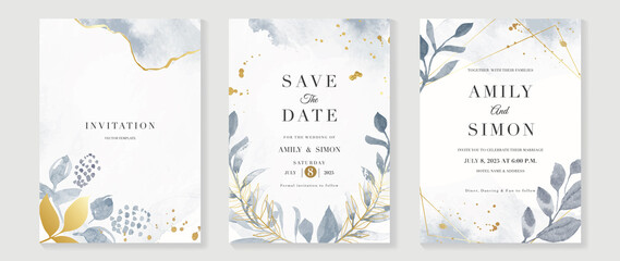 Luxury botanical wedding invitation card template. Blue watercolor card with gold line art, foliage, eucalyptus leaves. Elegant leaf branch vector design suitable for banner, cover, invitation.