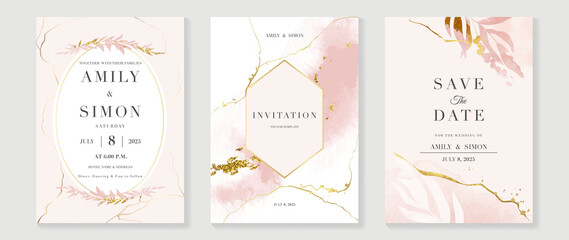 Luxury botanical wedding invitation card template. Pink watercolor card with gold line art, foliage, eucalyptus leaves. Elegant leaf branch vector design suitable for banner, cover, invitation.