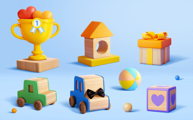 Set of 3d cute wooden toys