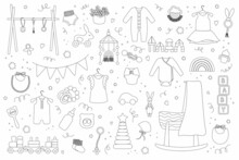 Baby Trendy Clothes, Accessories And Toys In Doodle Style. Nursery Collection With Body Suit, Montessori Toys, Cradle, Bassinet. Hand Drawn Outline Vector Illustration Set Isolated On White Background