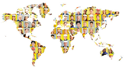  Portrait Collage aus Industrien und Handwerk auf Weltkarte