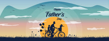 Happy Father And Kids Enjoying The Bi-cycle Ride. Happy Father's Day Social Media Post Design.