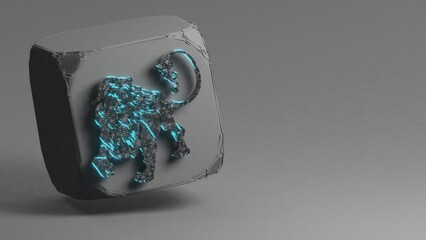 Leinwandbilder - Beautiful Black with blue neon light zodiac sign Leo symbol icons on a beton cube and white gray background. 3d rendering illustration. Loops Video.