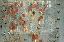 Peeling Paint Rust Texture Grunge Background Of A Grey White Painted Vintage Cast Iron Textured Panel Frame With Metal Rivets, Stock Photo Image