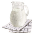 A glass jug of milk standing on a towel painted in watercolor. Decanter with liquid on a white background.