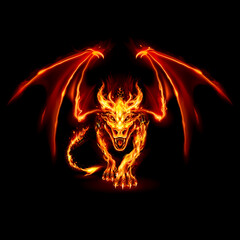 Wall Mural - Abstract Illustration of Infuriated Dragon with Fire Flames in Red Color on Black Background for Design