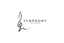 Musical Note Logo With Quill Ink Shape. Symbols Of Songwriters, Classical Music, Orchestral Performances, Legendary Music And Musicians. Luxury And Elegant Line Art Concept