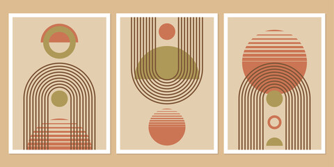 Wall Mural - abstract geometric art with arch and circles. modern boho background. line arc shapes, sun design. c