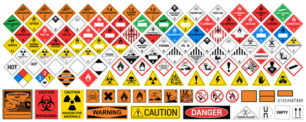 vector hazardous material signs. globally harmonized system warning signs. all classes. hazmat isola