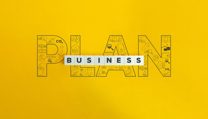 Wall Mural - Business Plan Concept and Banner. Letter Tiles on Yellow Background. Minimal Aesthetics.