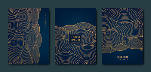 Vector japanese background set with gold circle ornament. Luxury black wavy line pattern. Premium backdrop for business layout, texture for print, poster, book, cover
