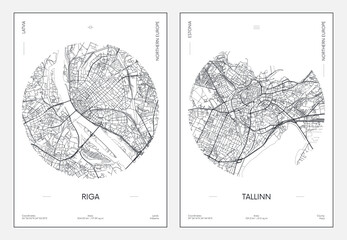 Wall Mural - Travel poster, urban street plan city map Riga and Tallinn, vector illustration