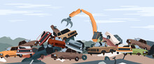Car Dump Junkyard Landscape With Metal Pile Vector Illustration. Cartoon Steel Crane Working, Dismantling Scrapyard With Old Broken And Crushed Parts Of Auto Vehicles, Abandoned Landfill Background