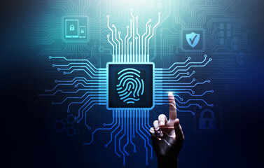 Wall Mural - Fingerprint unlock cyber security data protection concept on virtual screen.