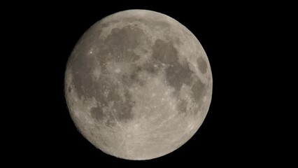 Wall Mural - Full moon on dark black sky background, shot from surface of earth with very long telephoto lens. Grey white moon glowing at clear sky.