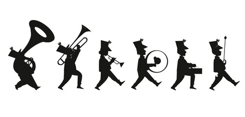 Wall Mural - Children playing musical instruments in the marching  Silhouettes premium vector template