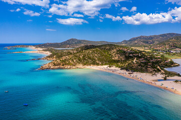 Panorama of the wonderful beaches of Chia, Sardinia, Italy. View of beautiful Chia bay and wonderful beaches, Sardinia island, Italy. Beautiful sea and bay on Su Guideu beach, Sardinia island, Italy