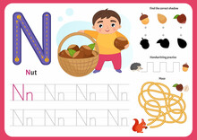 Handwriting Practice Sheet. Basic Writing. Educational Game For Children. Worksheet For Learning Alphabet. Letter N. Illustration Of Cute Boy Is Holding A Basket Of Nuts.
