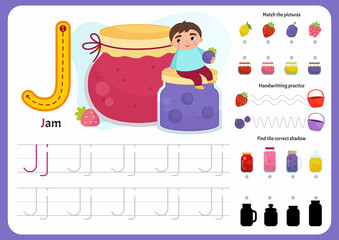 Poster - Handwriting practice sheet. Basic writing. Educational game for children. Worksheet for learning alphabet. Letter J. Illustration of a cute boy is sitting on a big jar of jam..
