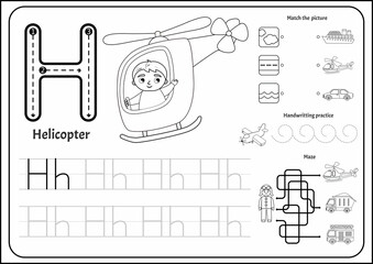 Poster - Handwriting practice outline sheet. Basic writing. Educational game for children. Worksheet for learning alphabet. Letter H. Illustration of cute boy is flying in a helicopter.
