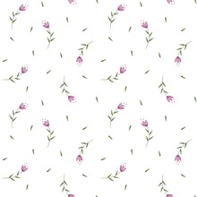 Hand Drawn Seamless Pattern With Pink Simple Flowers And Leaves On White Background. Watercolor Botanical Design For Postcards, Fabrics, Textile In Cartoon Stile