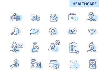 Healthcare and hospital medical service icons set. Pixel perfect, editable stroke line art