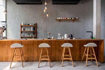 The layout in a dark loft style opens up inside the cafes. welcome to open coffee shop background