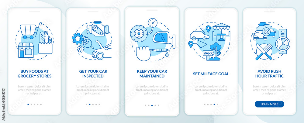Road trip tips blue onboarding mobile app screen. Car travel ...