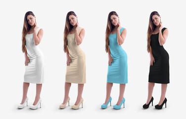 tight dress template in pastel colors, clothes on a girl in high heels, isolated on background, fron