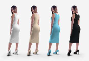 Wall Mural - Mockup of a knee-length tight sundress, on a girl in high heels, back view, isolated on background.