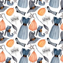 Halloween Watercolor Pattern With Witch Elements, Broom, Hat, Shoe, Sock, Pumpkin, Star On White Background.