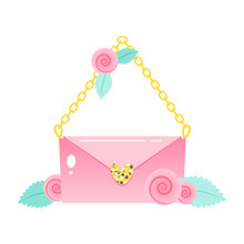 Pink Handbag Icon. Cartoon Illustration Of A Flap Clutch With Gold Chain Strap Decorated With Flowers. Fashionable Trendy Purse For Ladies. Vector 10 EPS.