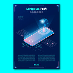 Modern flyer template with .vector isometric mobile, cellphone and globe on blue background.
