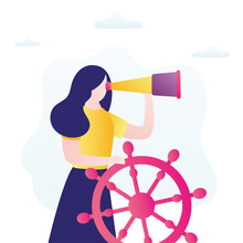 Confident Businesswoman, Boat Captain Control Steering Wheel Helm And Uses Spyglass For Future Vision. Business Leadership, Visionary To Lead Company Success
