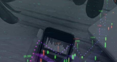 Poster - Animation of financial data processing over hand holding smartphone