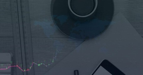 Poster - Animation of financial data processing over smartphone and coffee on desk