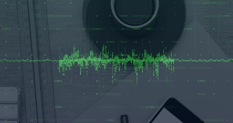 Poster - Animation of financial data processing over smartphone and coffee on desk