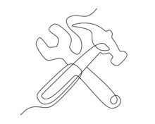 One Line Drawing Of Hammer And Wrench Tools. Vector Illustration