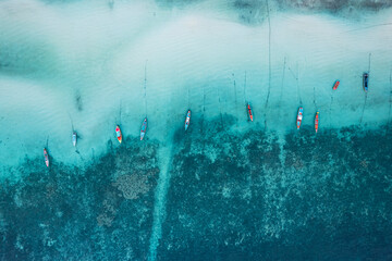 Aerial view long tail boat at koh tao island of Thailand