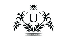 Vintage Elegant Logo With The Letter U In The Center. Black Ornament On A White Background. Business Sign Template, Identity Monogram For Restaurant, Boutique, Heraldry, Jewelry