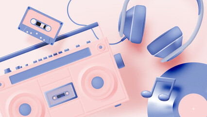 Music notes with boom box, headphone, cassette,vinyl, song, melody or tune 3d realistic