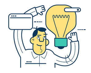 Poster - Man with a big light bulb. Business idea, plan strategy and solution concept. Big idea, thinking, innovation. Business start up.