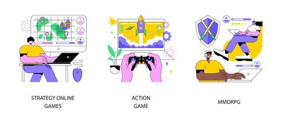 Poster - e-gaming industry abstract concept vector illustration set. strategy online games, pc action game, m