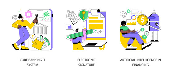 Poster - Business software abstract concept vector illustration set. Core banking IT system, electronic signature, artificial intelligence in financing, identification and encryption abstract metaphor.