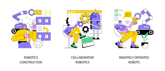 Poster - Machine work abstract concept vector illustration set. Robotics construction, collaborative artificial intelligence, remotely operated robots, factory automation, human control abstract metaphor.