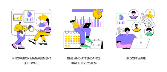 Poster - business management abstract concept vector illustration set. innovation management software, time a