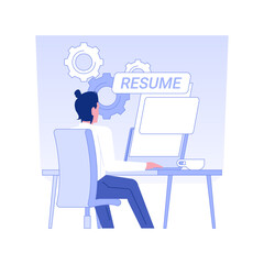 Poster - CV writing service isolated concept vector illustration. Man creates CV using laptop, HR management, human resources, recruiting industry, headhunting agency, staffing idea vector concept.