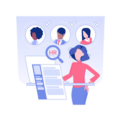 Poster - Job search isolated concept vector illustration. Woman searching for vacancy with laptop, HR management, human resources, recruiting idea, headhunting agency, building a career vector concept.