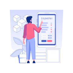 Poster - Cryptocurrency trading app isolated concept vector illustration. Man with smartphone using crypto exchange app, CFD account, coins growth, blockchain technology, raising money vector concept.
