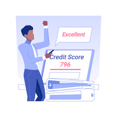 Poster - Business credit score isolated concept vector illustration. Businessman with laptop checks credit score, financial services online, commercial bank, corporate banking vector concept.